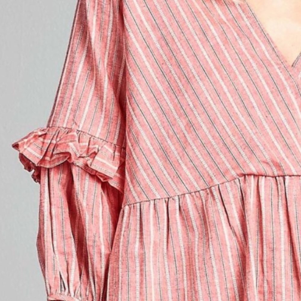 Babydoll vneck ruffle sleeves corral striped dress - Picture 5 of 6